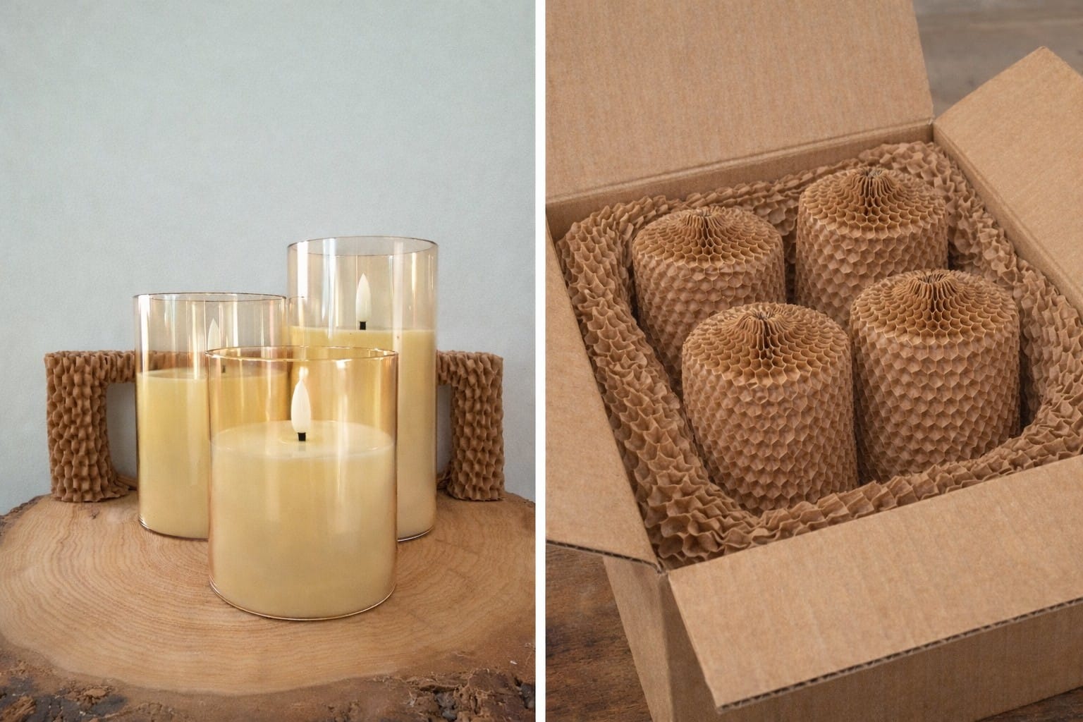 Pakowanie świec do wysyłki bez plastiku – rękawy honeycomb Prepack